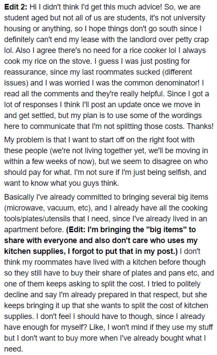 Girl Wants Advice On Dealing With Roommates' Desire To Split Costs On