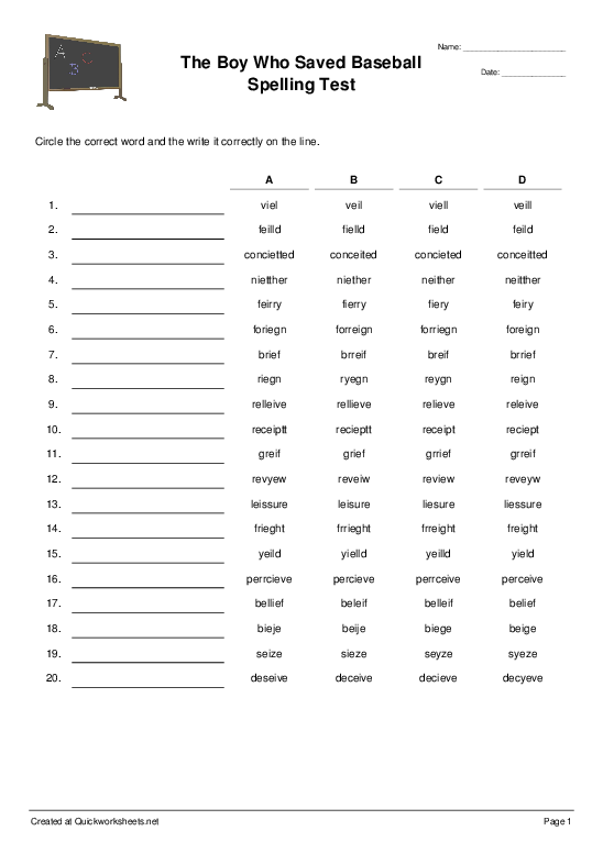 The Boy Who Saved Baseball Spelling Test Spelling Test Quickworksheets