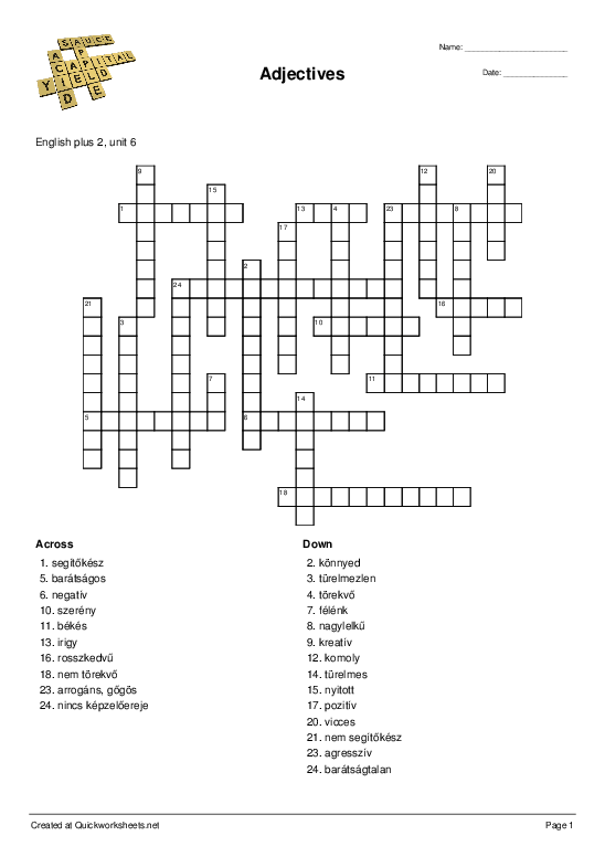 Adjectives Crossword Worksheet Quickworksheets