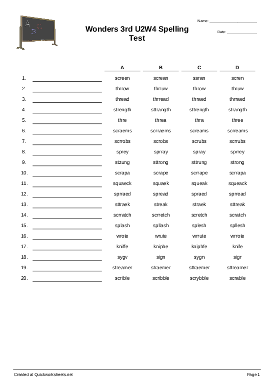 Wonders 3rd U2W4 Spelling Test English Spelling Test Worksheet Maker