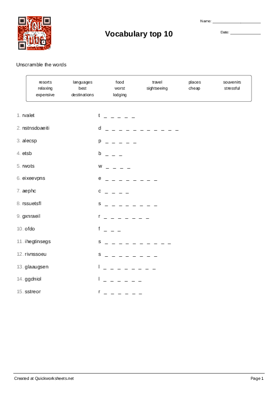 Vocabulary top 10 Word Scramble Quickworksheets