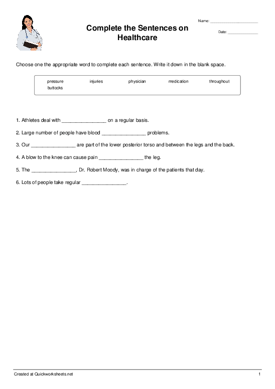 Complete the Sentences on Healthcare Cloze Test Worksheet Quickworksheets
