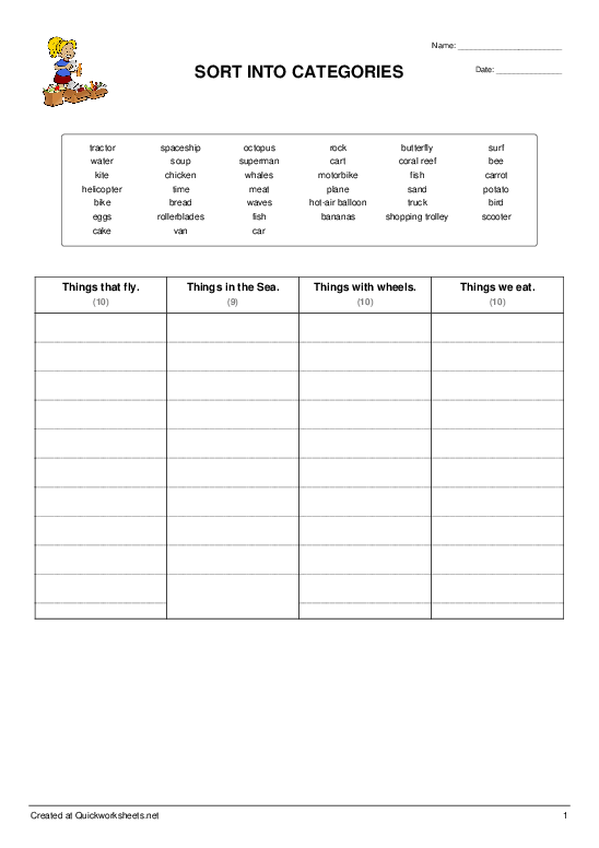 SORT INTO CATEGORIES - Sort into Categories Worksheet - Quickworksheets