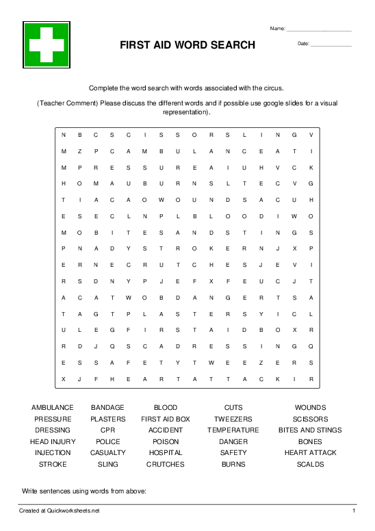 FIRST AID WORD SEARCH - Wordsearch - Quickworksheets