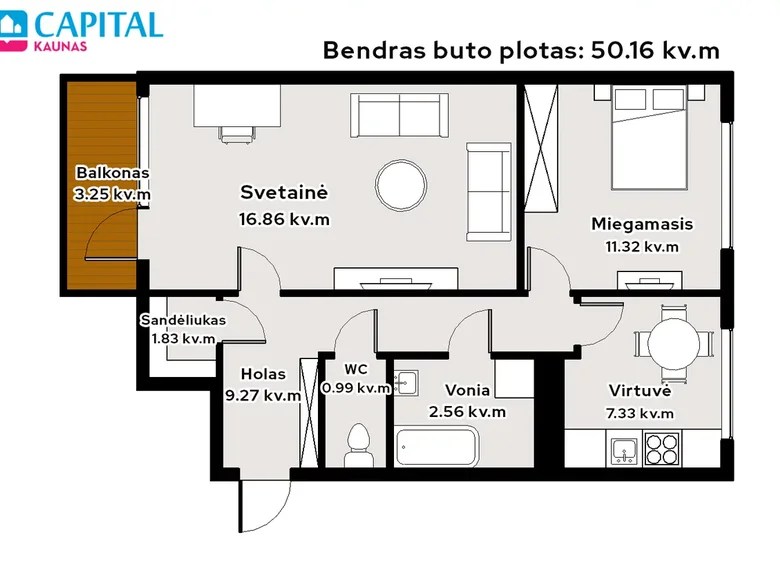 2 room apartment for sale in Kaunas, Lithuania for €62,000 listing