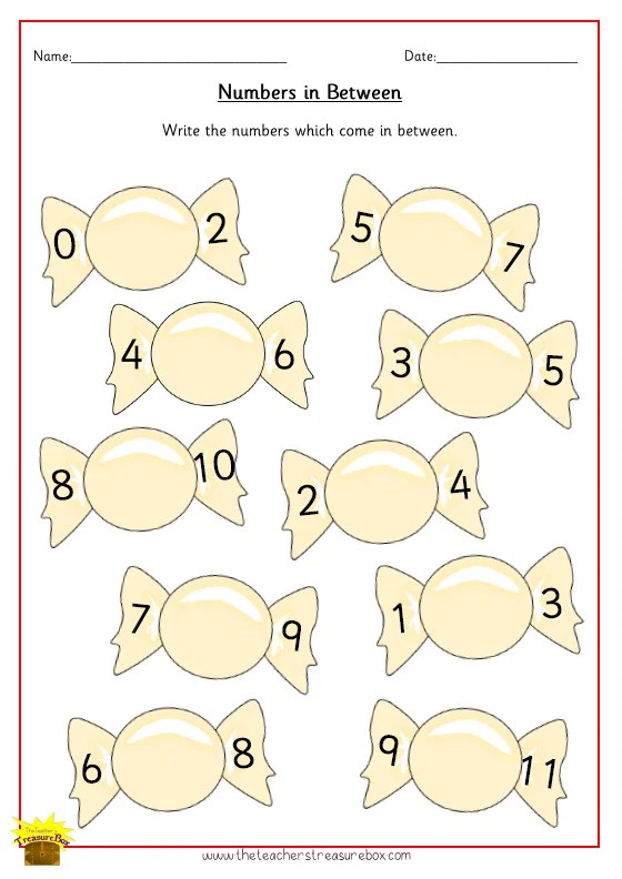 Numbers 010 in Between on Sweets Worksheet
