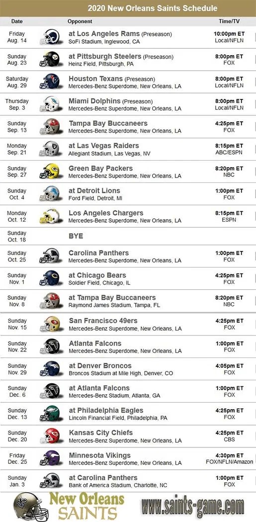 New Orleans Saints Game Schedule NFL FOOTBALL SCHEDULE