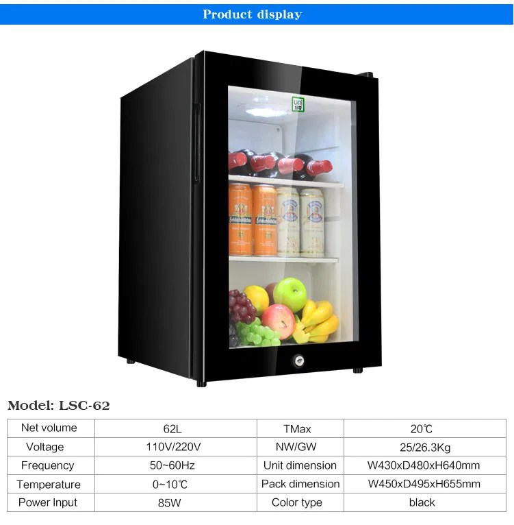 Factory Wholesale Portable 62L Mini Bar Fridge Glass Door Small Fridge With Lock Hunan LVNi