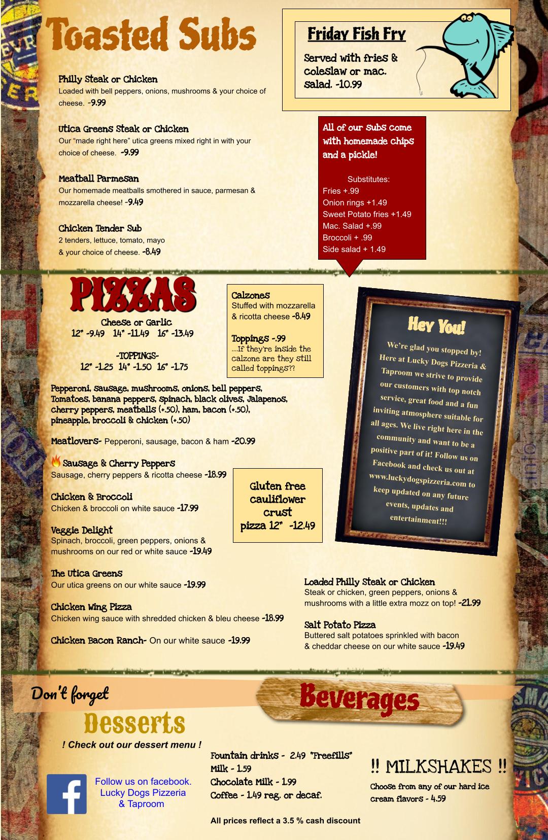 Menu Lucky Dogs Pizzeria & Taproom