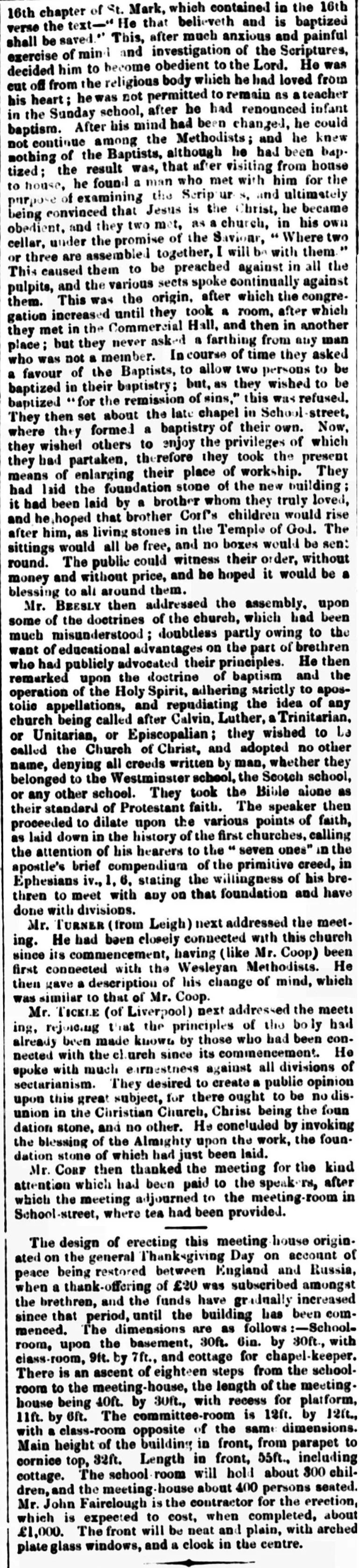 June 1858 Christian Meeting House, Rodney St. Laying the Foundation