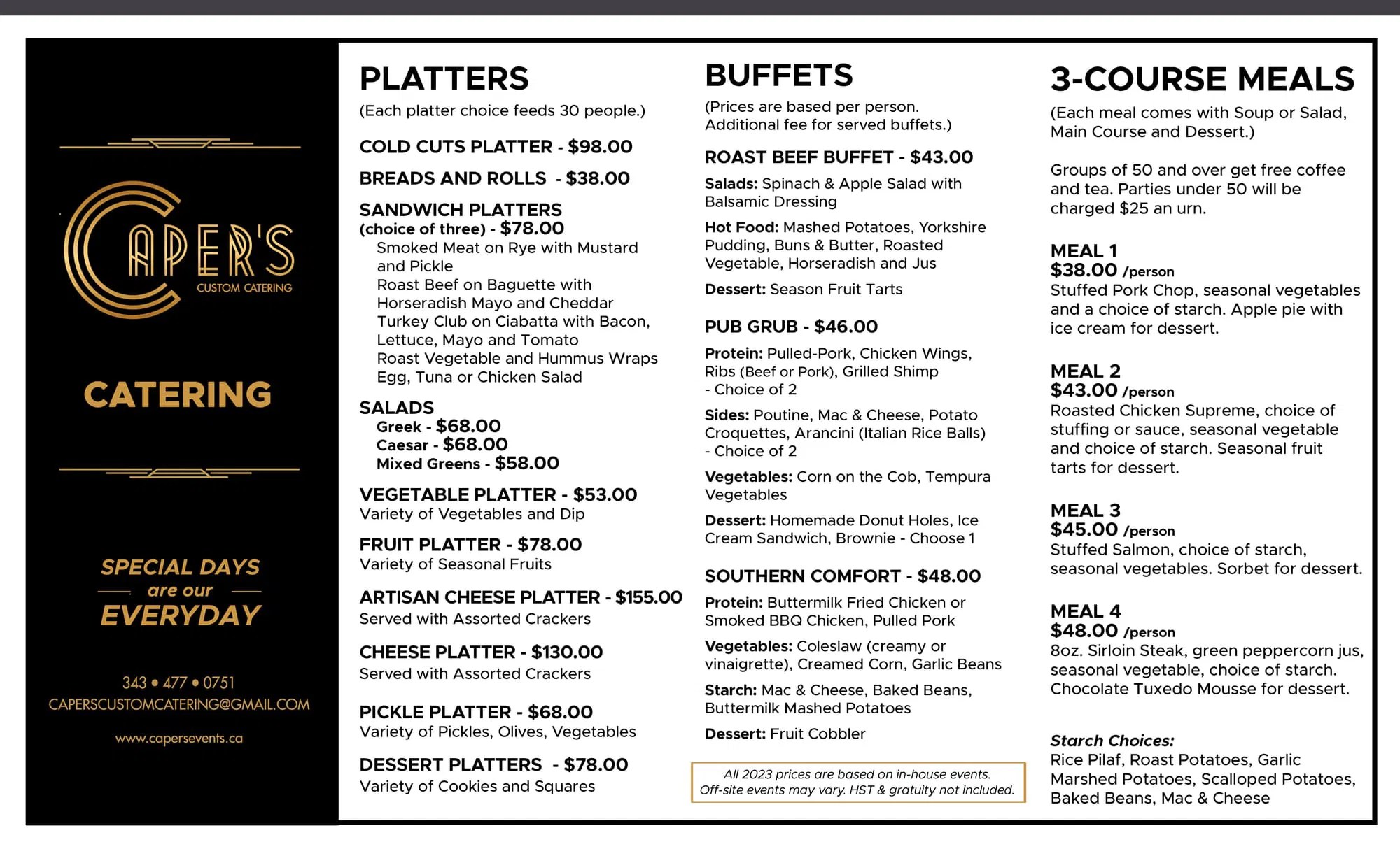 General Catering Menu Caper's Custom Catering