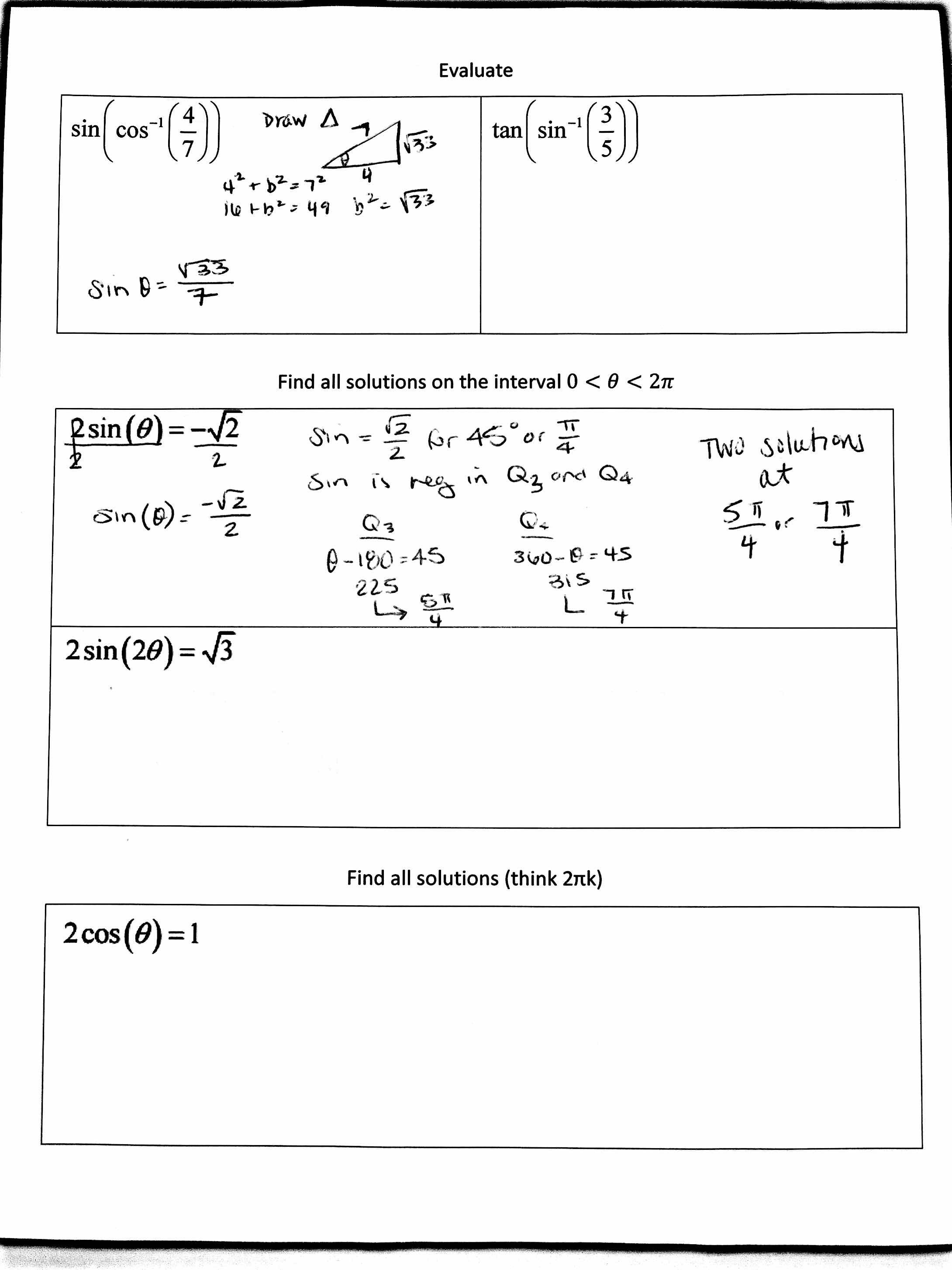 The reciprocal trig functions homework answers