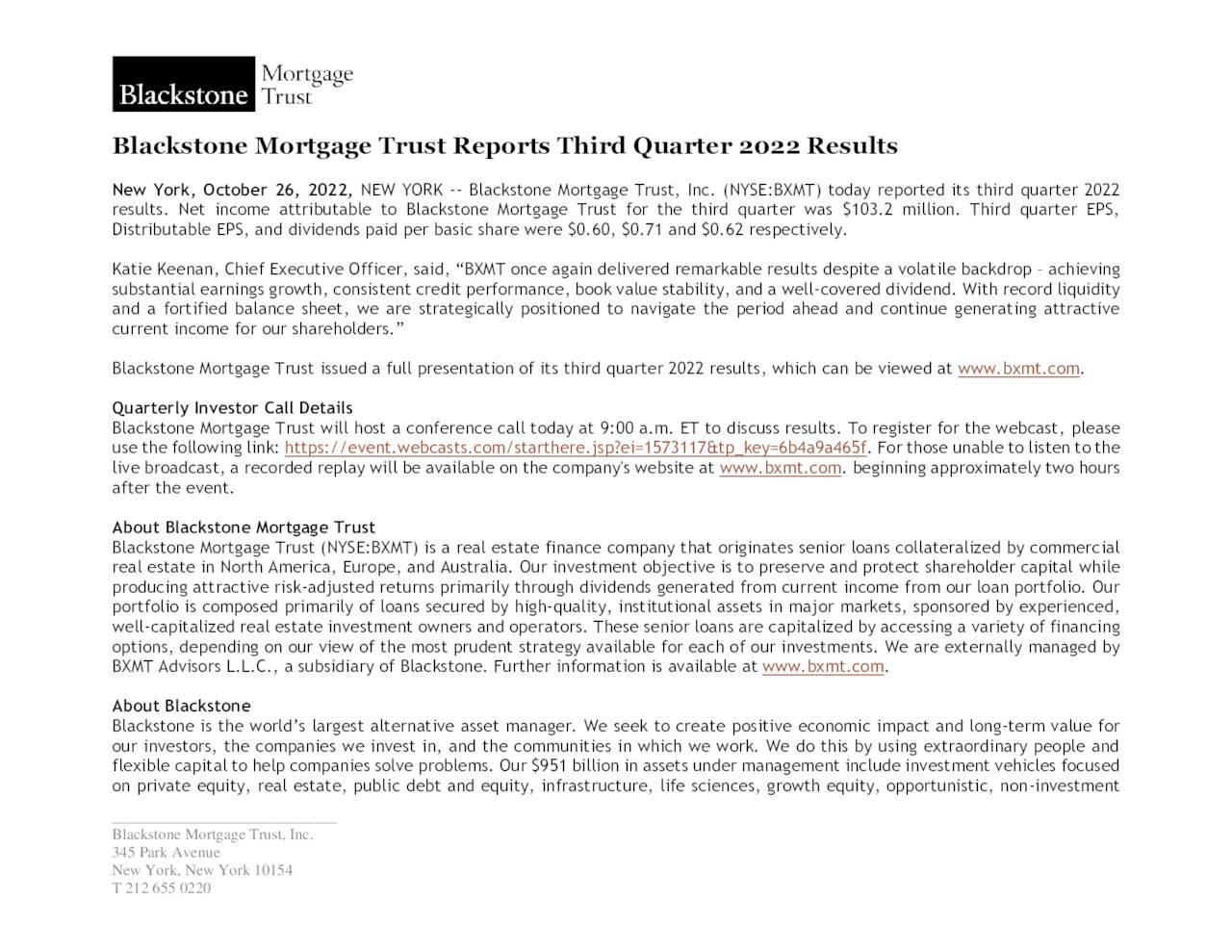 Blackstone Mortgage Trust, Inc. 2022 Q3 Results Earnings Call