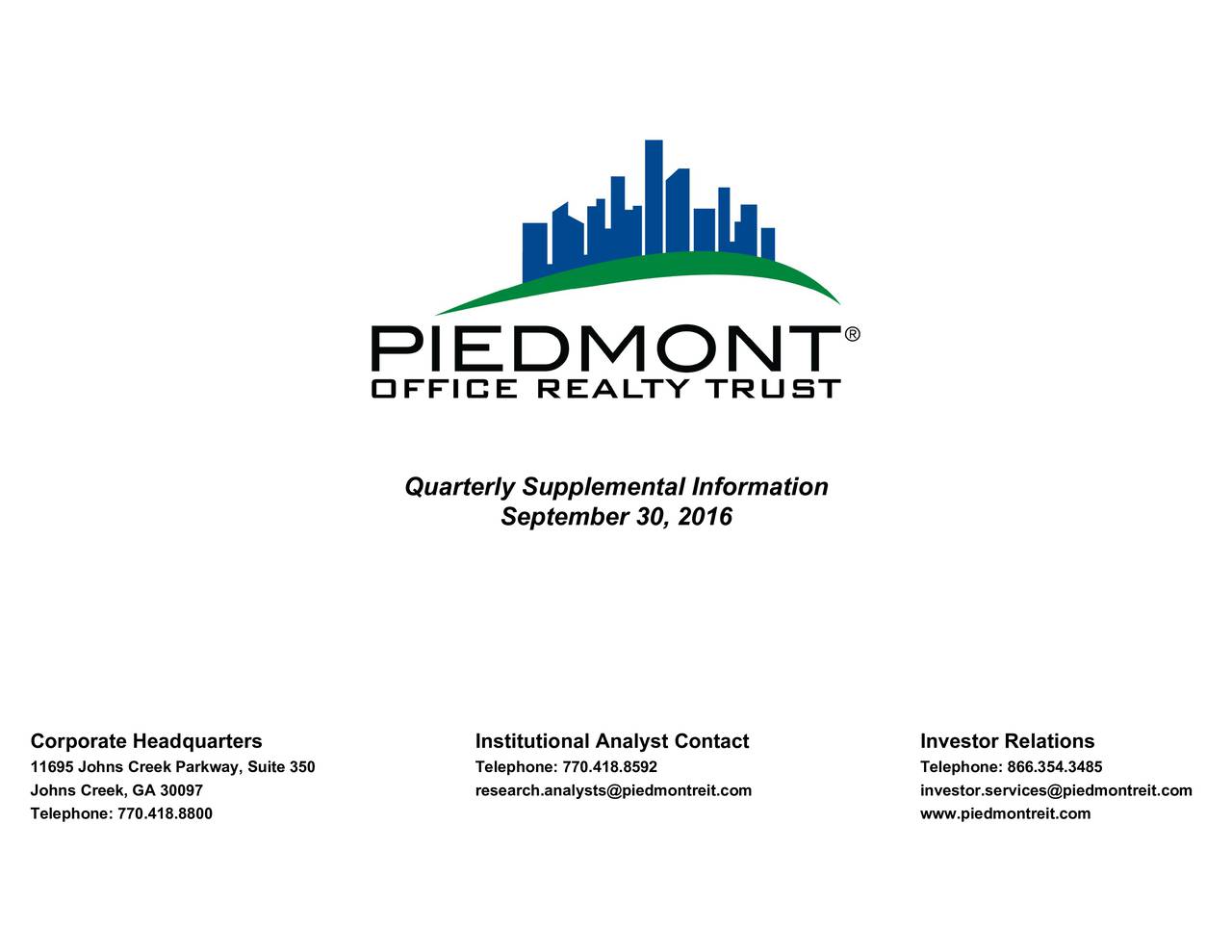 Piedmont Office Realty Trust 2016 Q3 Results Earnings Call Slides