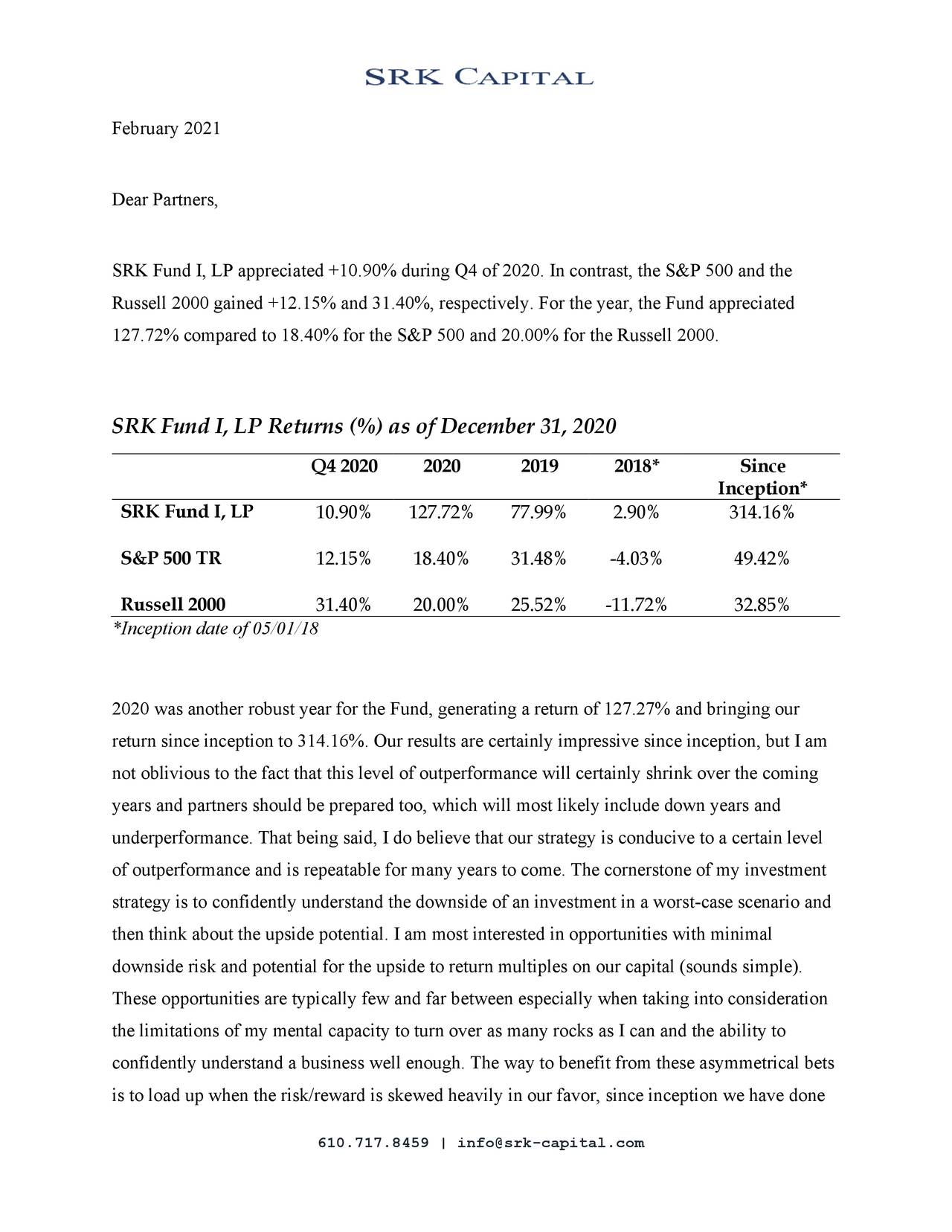 SRK Capital Q4 2020 Investor Letter Seeking Alpha