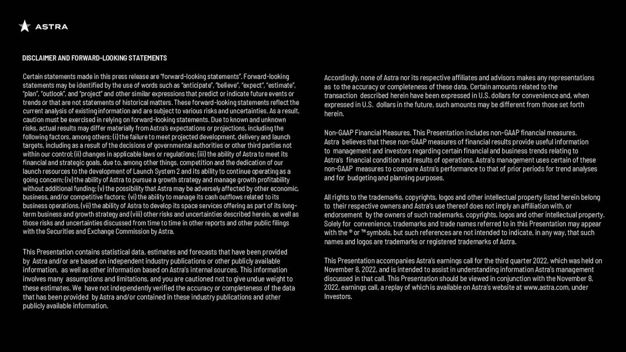 Astra Space, Inc. 2022 Q3 Results Earnings Call Presentation