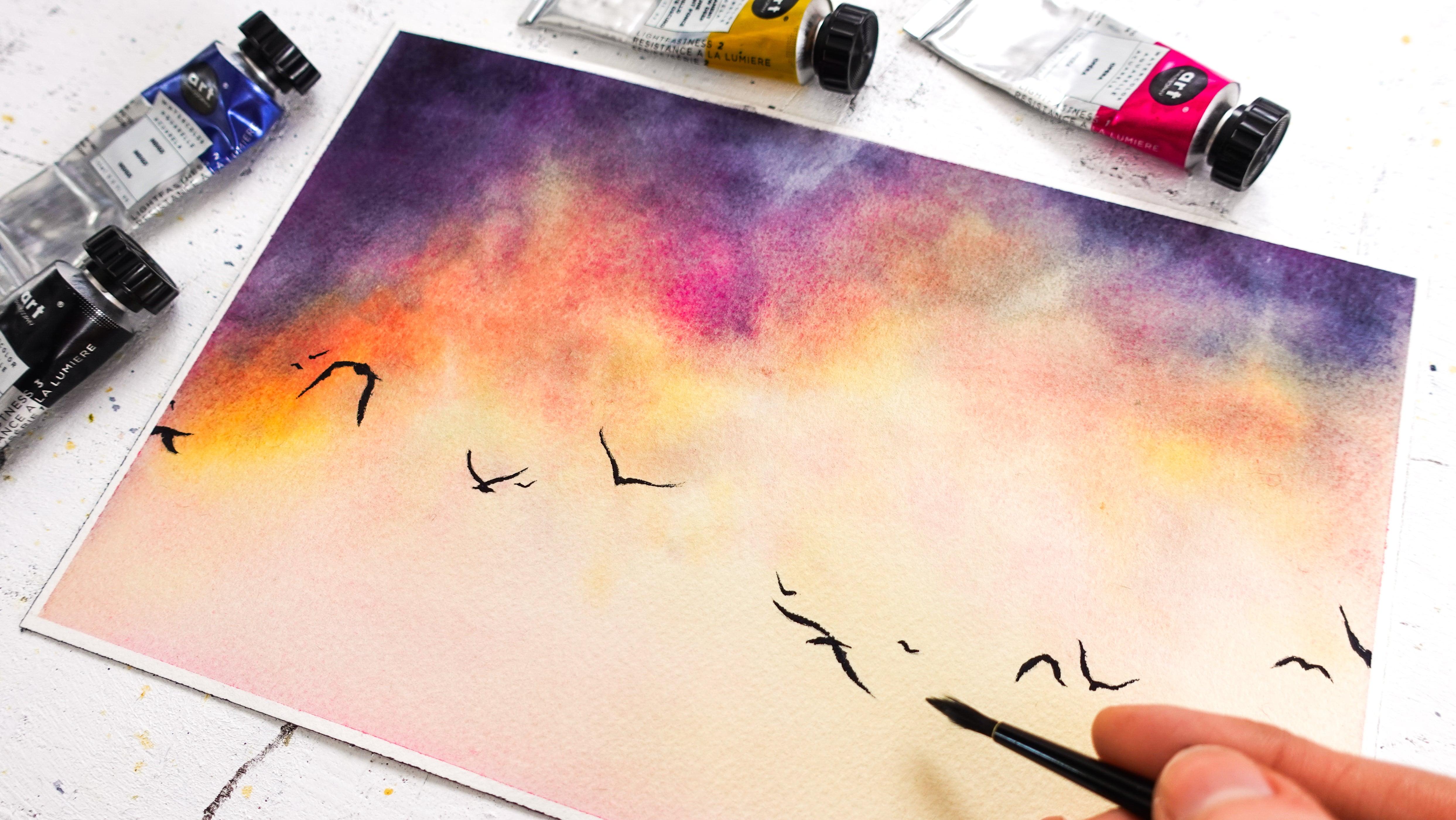 Watercolor Painting Dramatic Pastel Sky with Birds Francoise Blayac