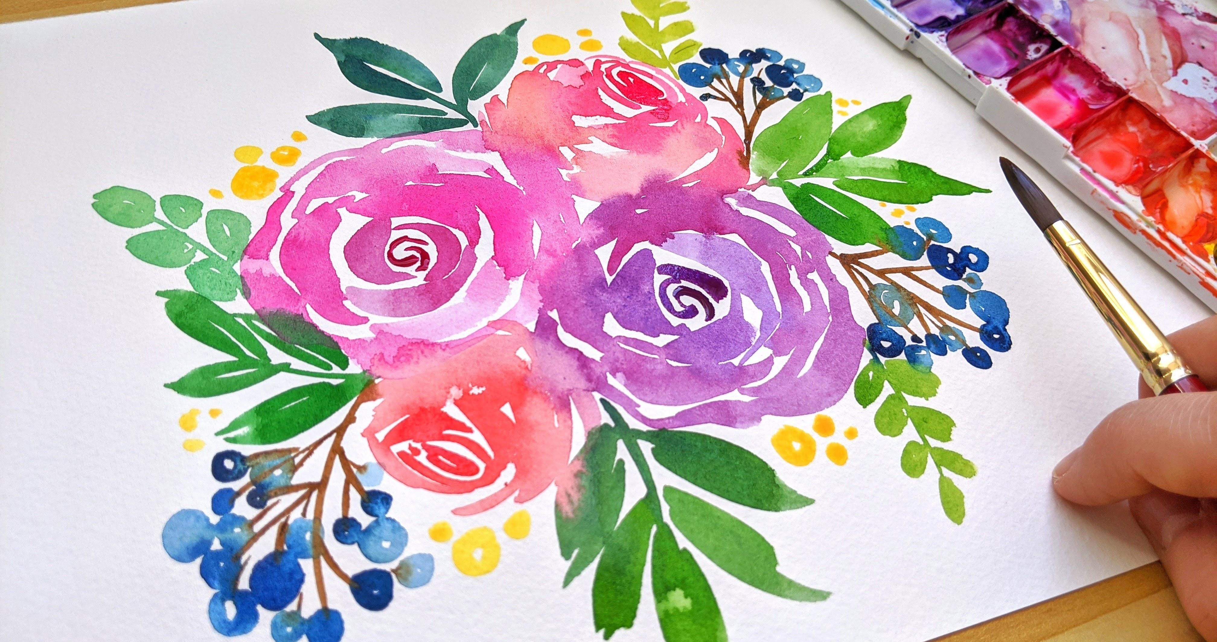 Watercolor Florals Painting a Vibrant Flower Bouquet with Loose