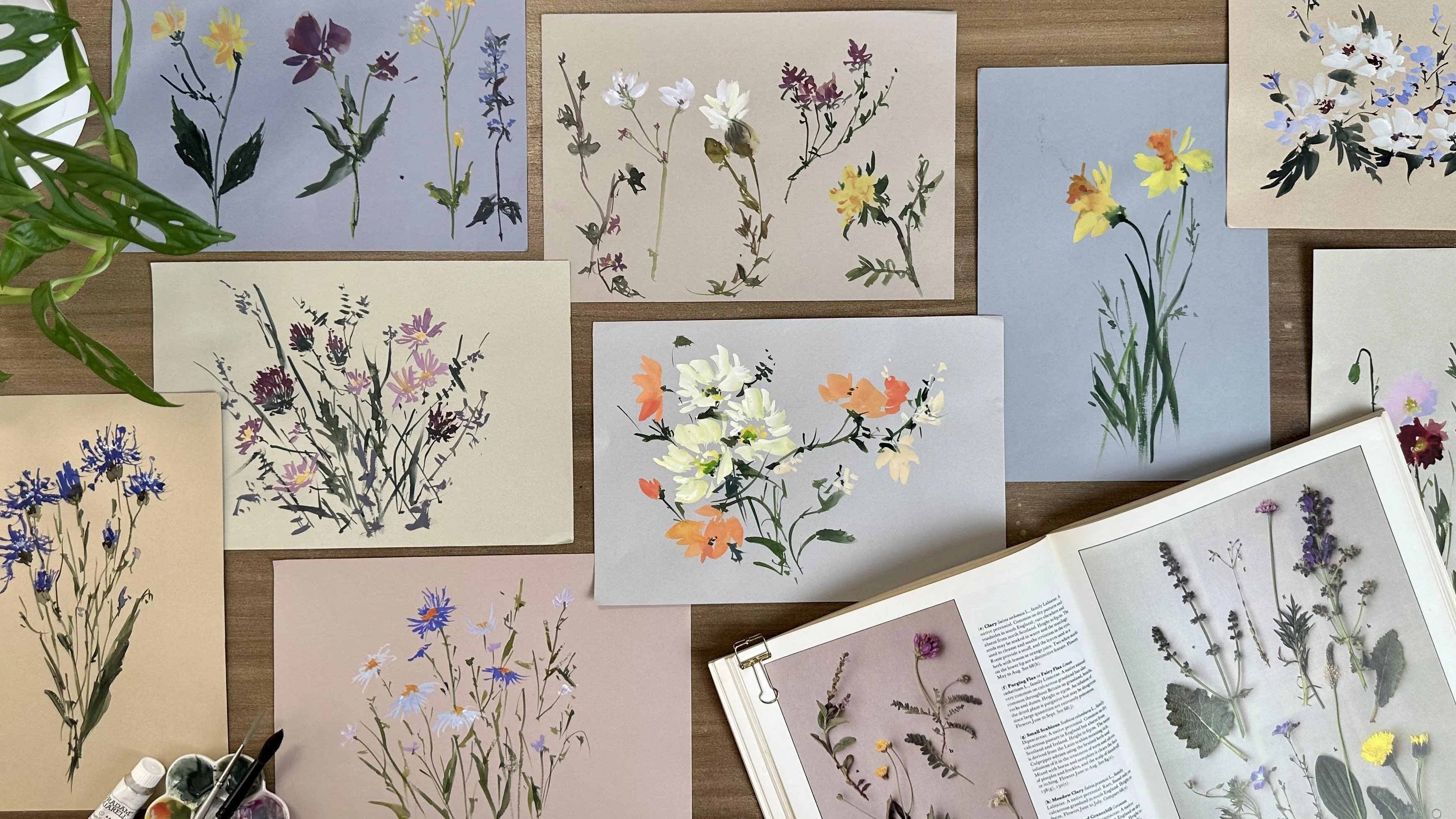 Watercolor and Toned Paper Paint Wildflowers with Loose Flowing