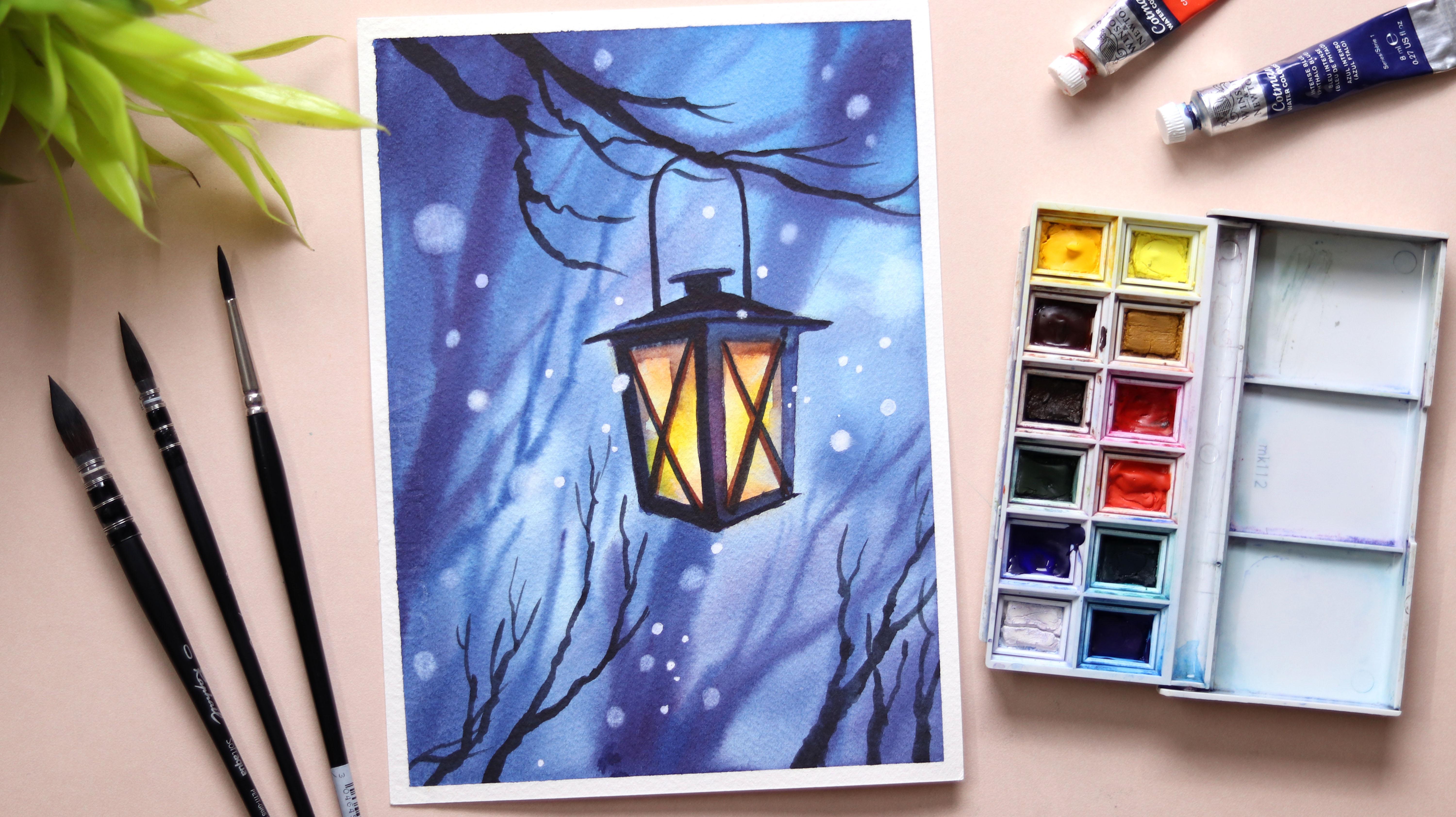 Learn Watercolor Painting of Beautiful Glowing Winter Lamp in an Easy