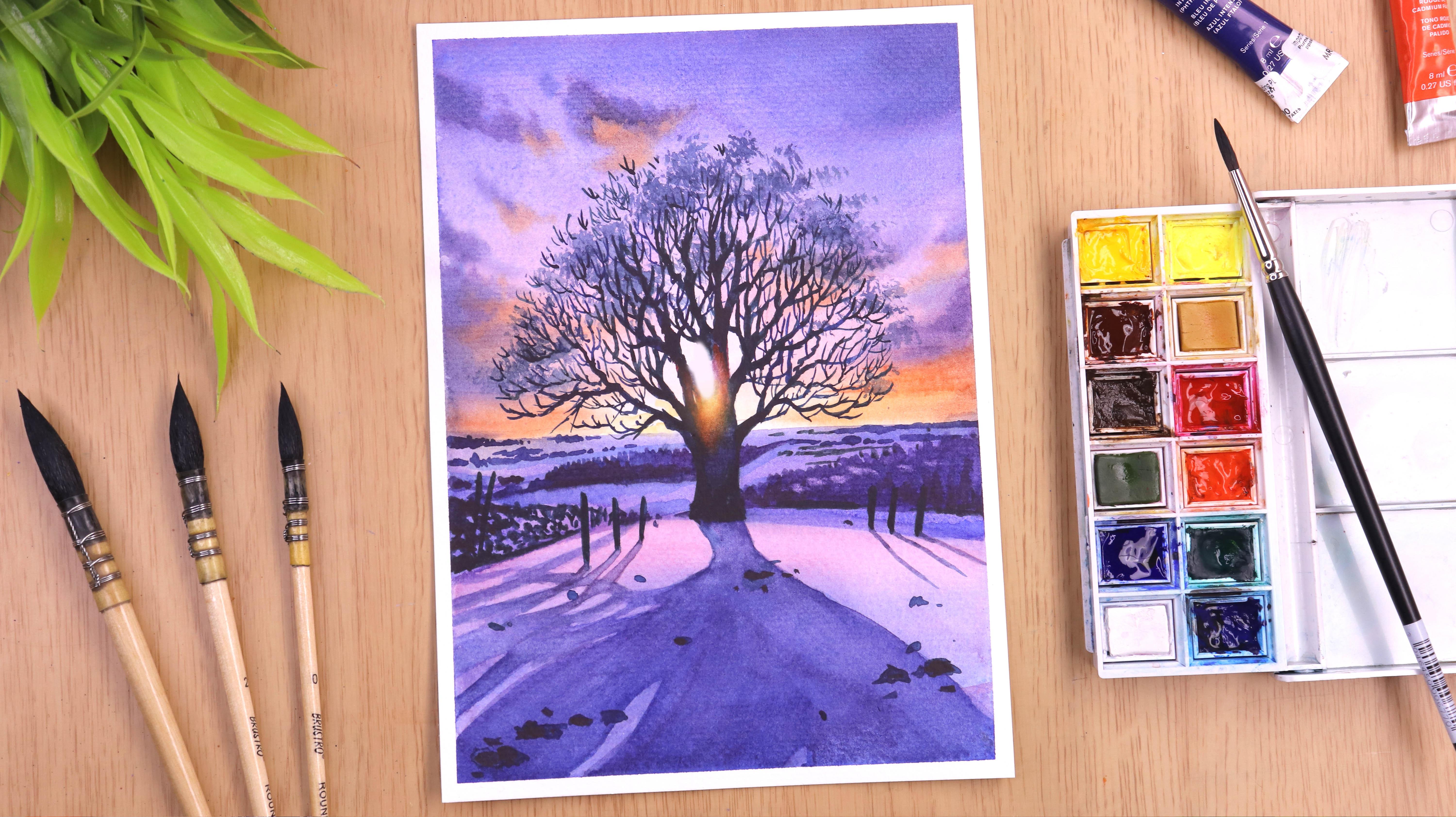 Watercolor painting Sunset Winter Landscape Painting step by step