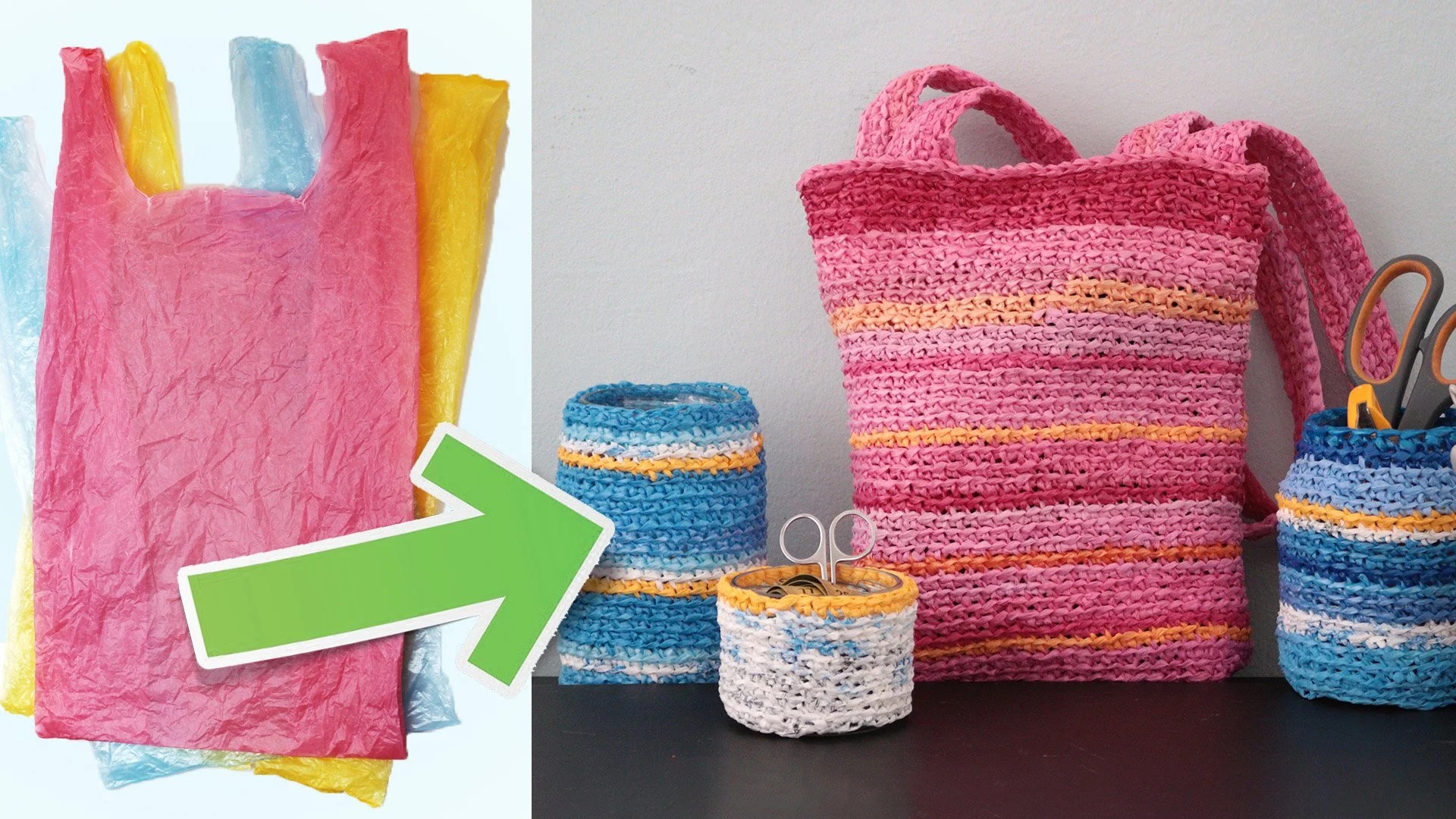 Crochet with Plastic Bags Reuse Bags to Make a Colorful Bag and Jar Covers Naama Yaffe