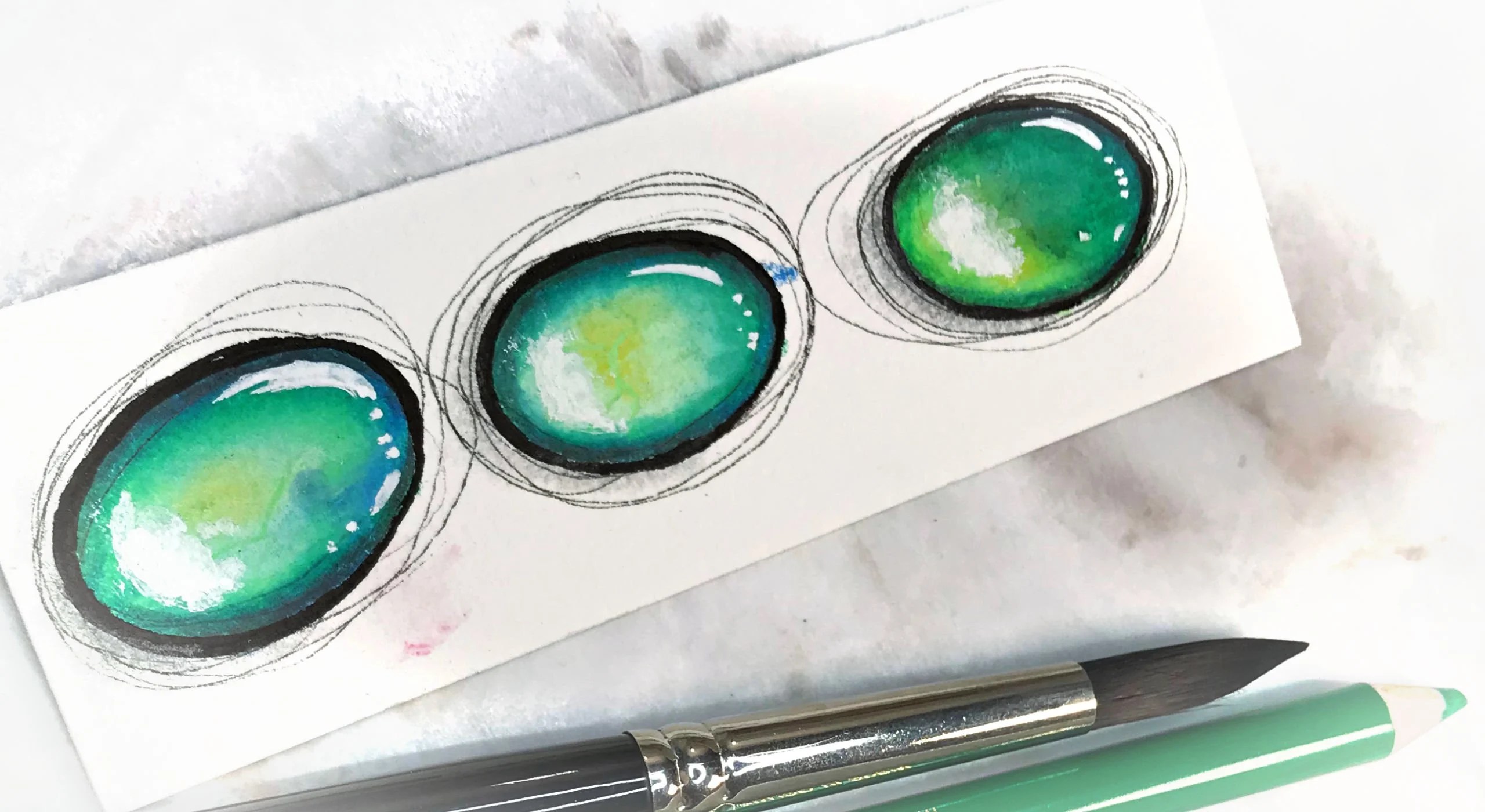 Brilliant Smooth Gemstones with Watercolor, Colored Pencil, and Ink