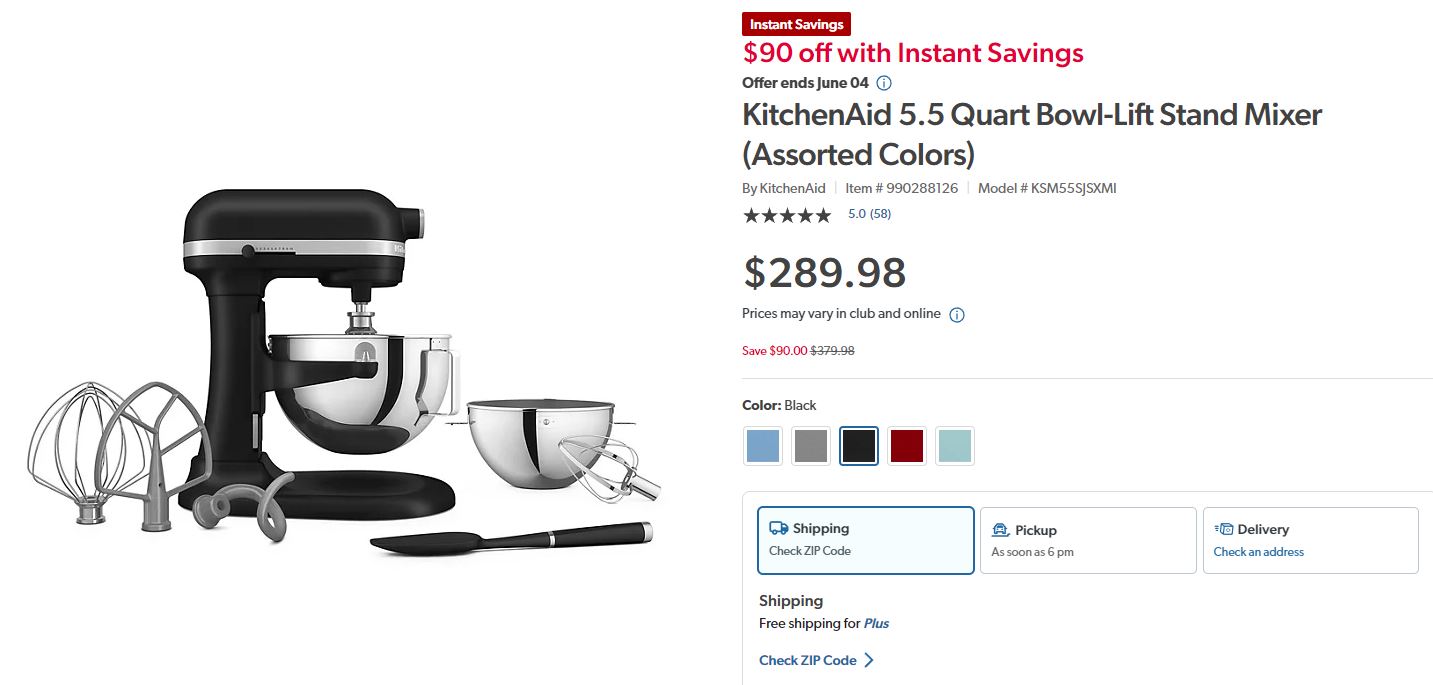 Sam's Club KitchenAid 5.5 Quart BowlLift Stand Mixer (KSM55SJSX