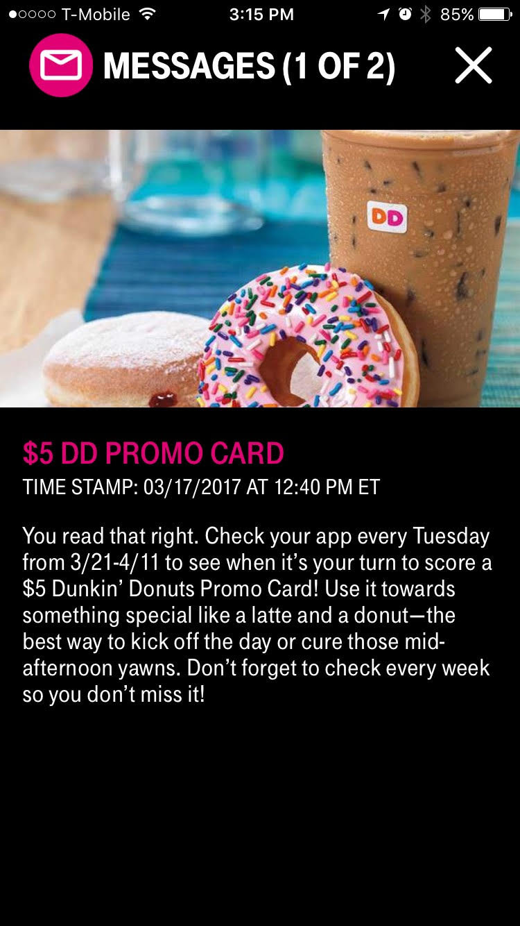 TMobile Tuesdays 5 Dunkin Donuts promo card YMMV