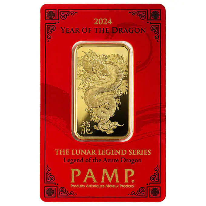 Get PAMPed 1oz Gold Bar Costco 2029 PAMP Lunar Legends Azure Dragon in Assay Shop with Ship7