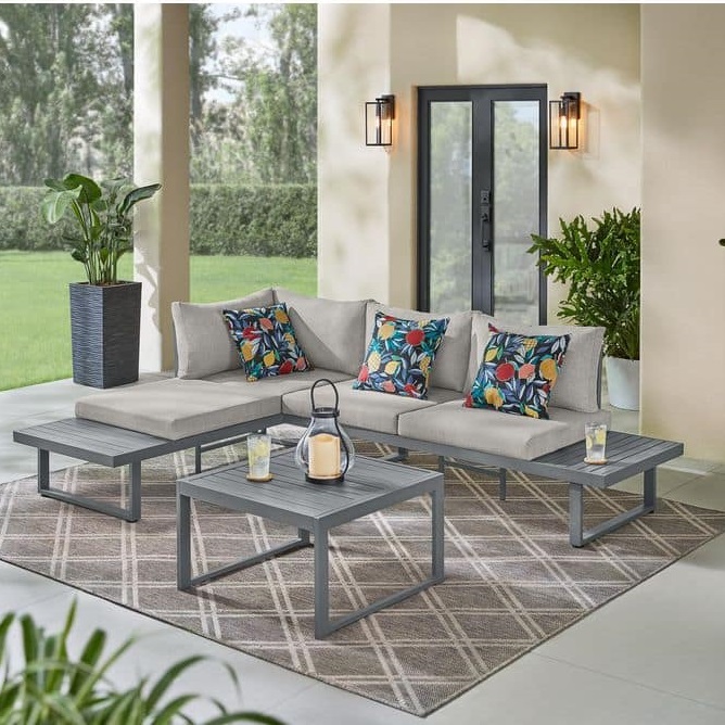 3Piece Hampton Bay Aluminum Outdoor Modular Sectional with Stone Gray