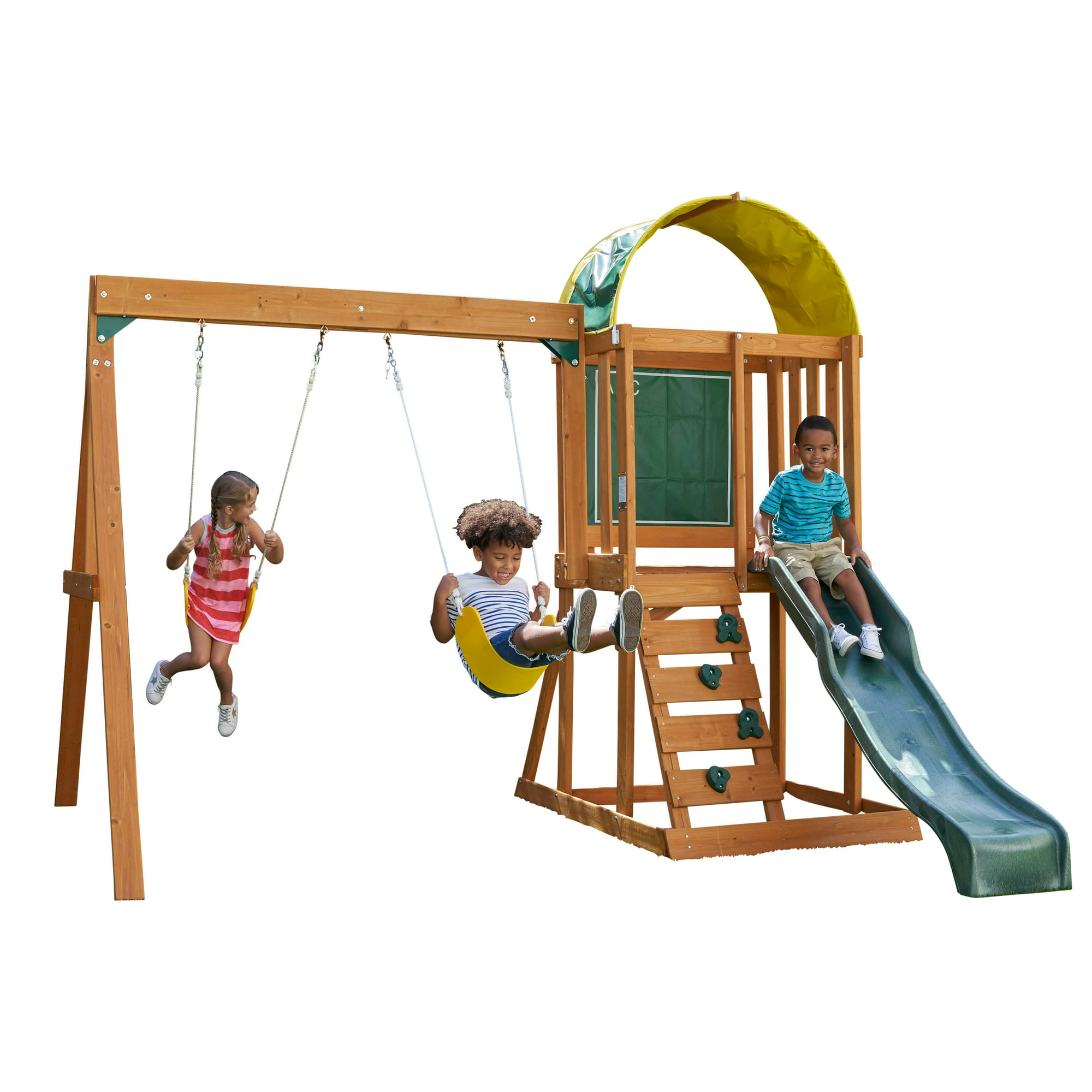 KidKraft Ainsley Wooden Outdoor Swing Set w/ Slide, Chalk Wall