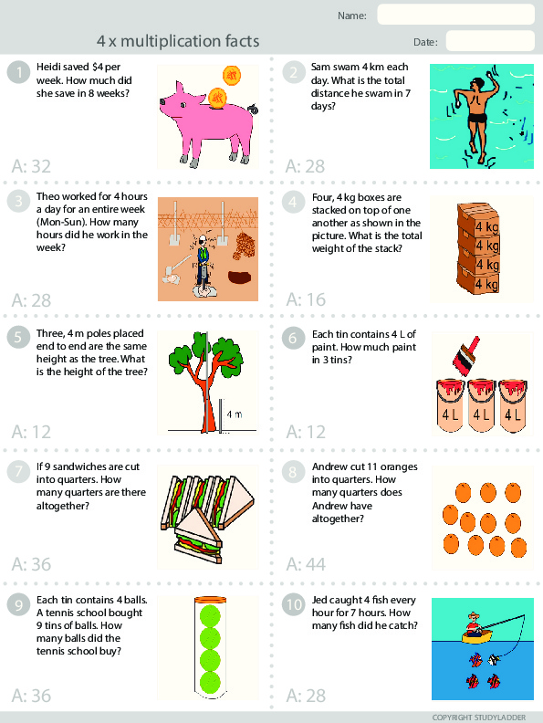 4x tables (problem solving) answer sheet Studyladder Interactive