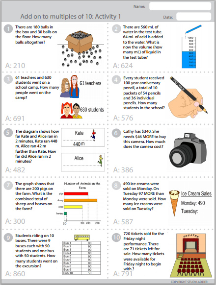 Adding (problem solving) Answer sheet - Studyladder Interactive
