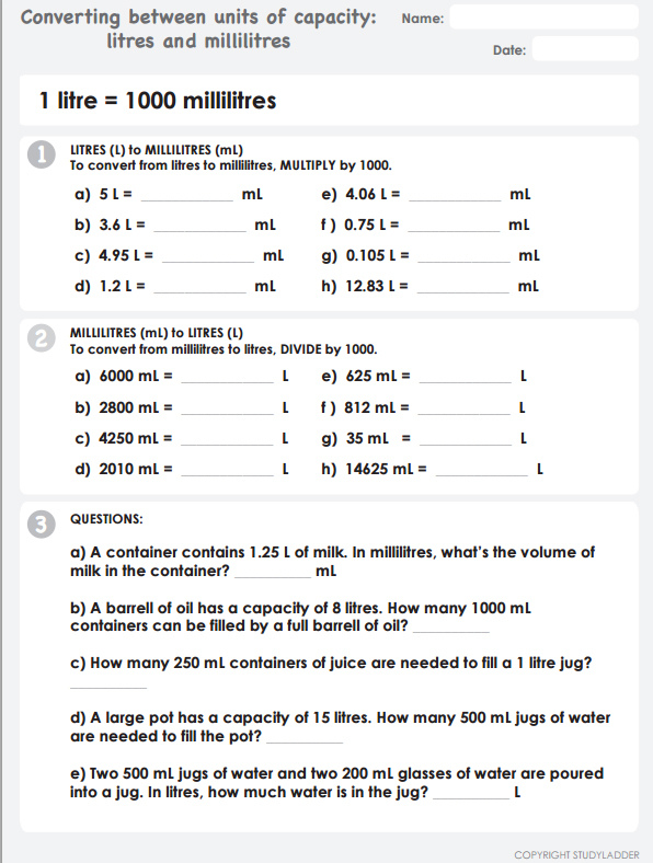 Converting between units of volume millilitres and