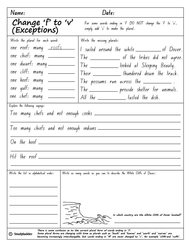 Plural Rule Change 'f' to 'v' (exceptions) Studyladder