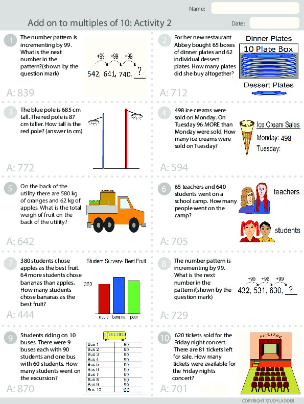 Adding (problem solving) Answer sheet - Studyladder Interactive
