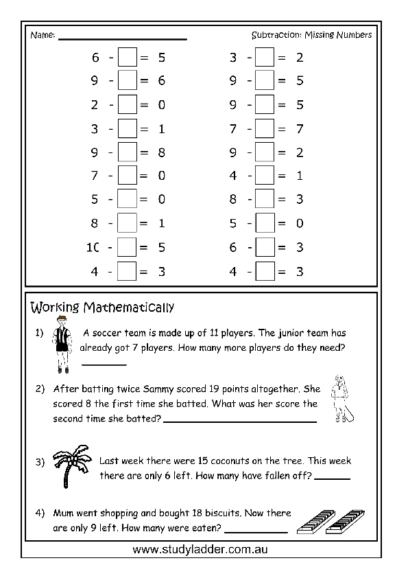 Subtraction with a missing number numbers under 20