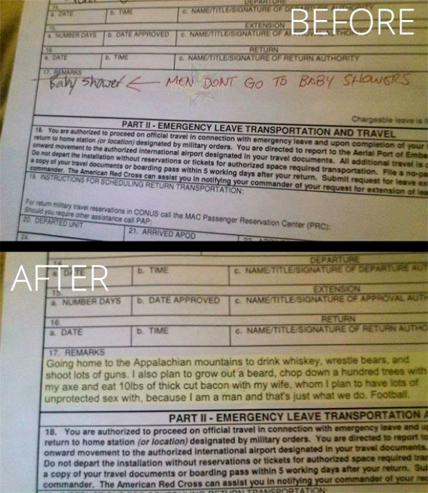 US soldier's hilarious reply when told 'men don't go to baby showers