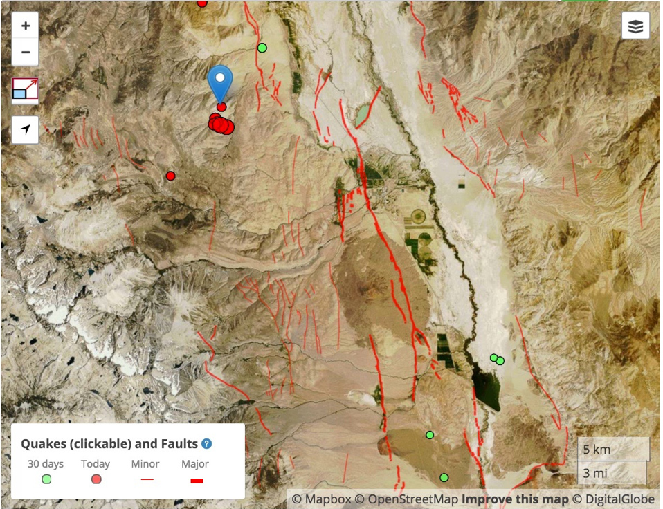 Magnitude4.8 shock near Big Pine, CA, strikes just north the 1872 M=7.