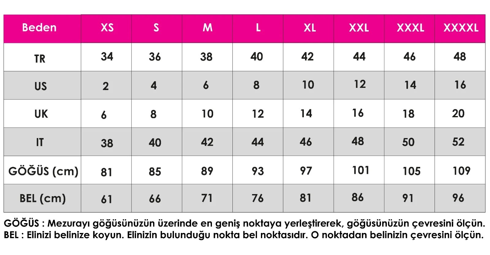 Tesettür Mayo Beden Tablosu
