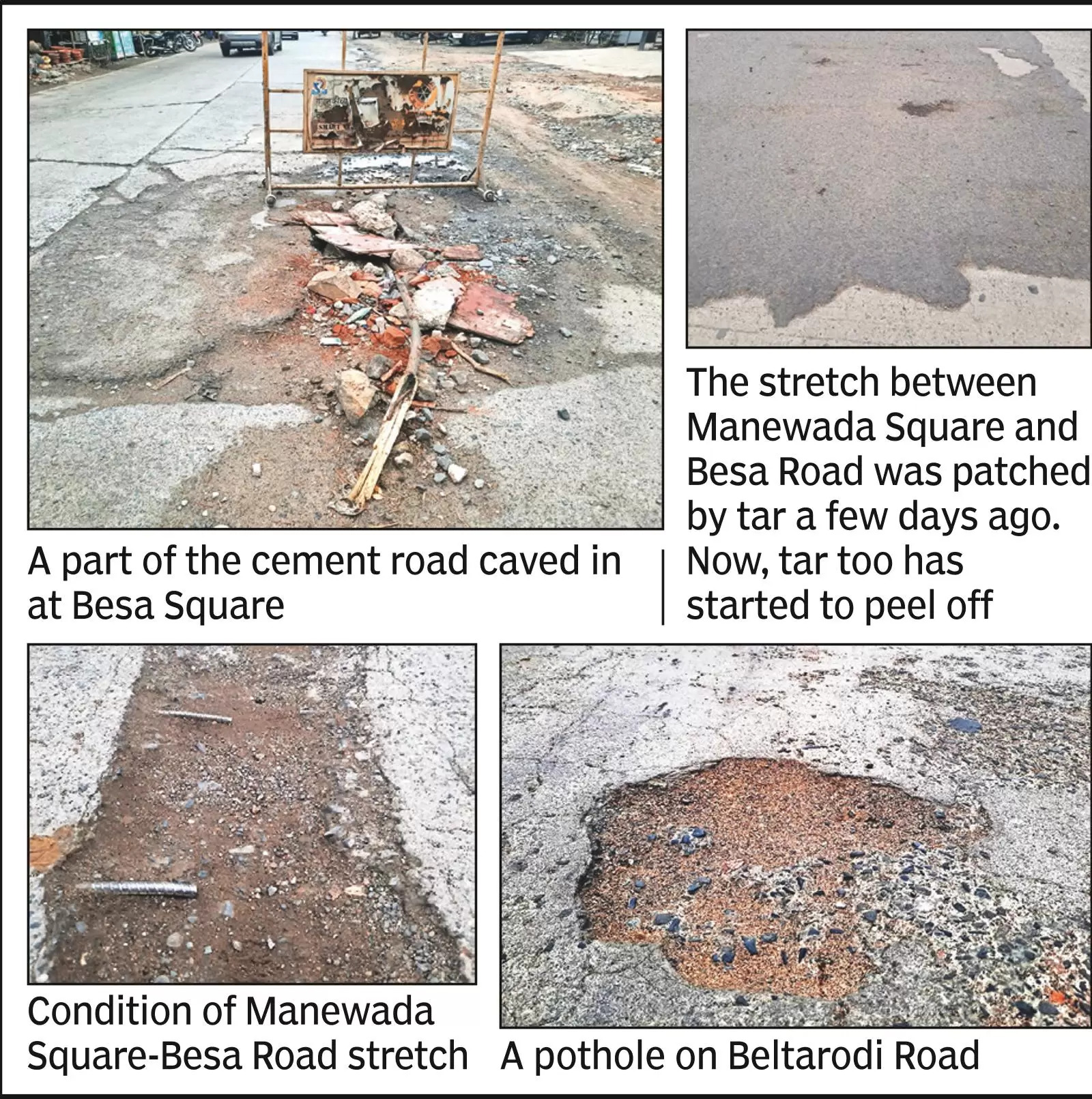 Part Of Cement Road Caves In; Tar Laid To Hide Craters Also Peels Off