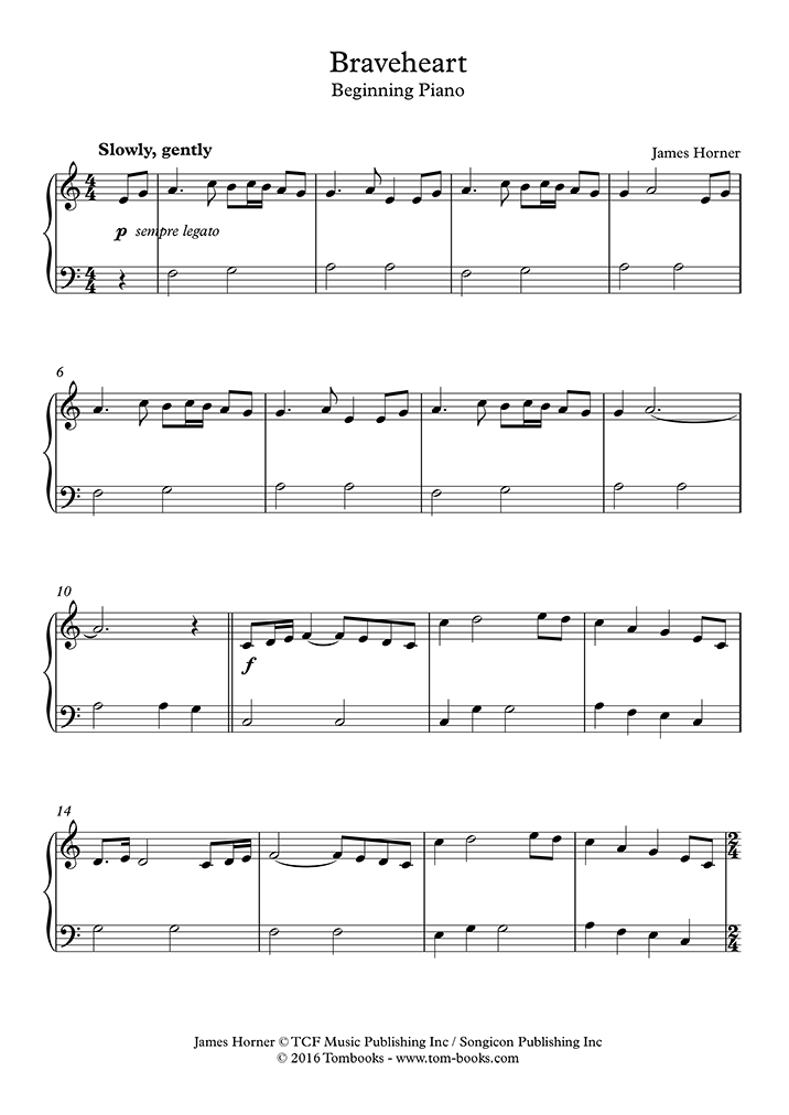 Piano Sheet Music Braveheart (Easy level) (Horner (James))