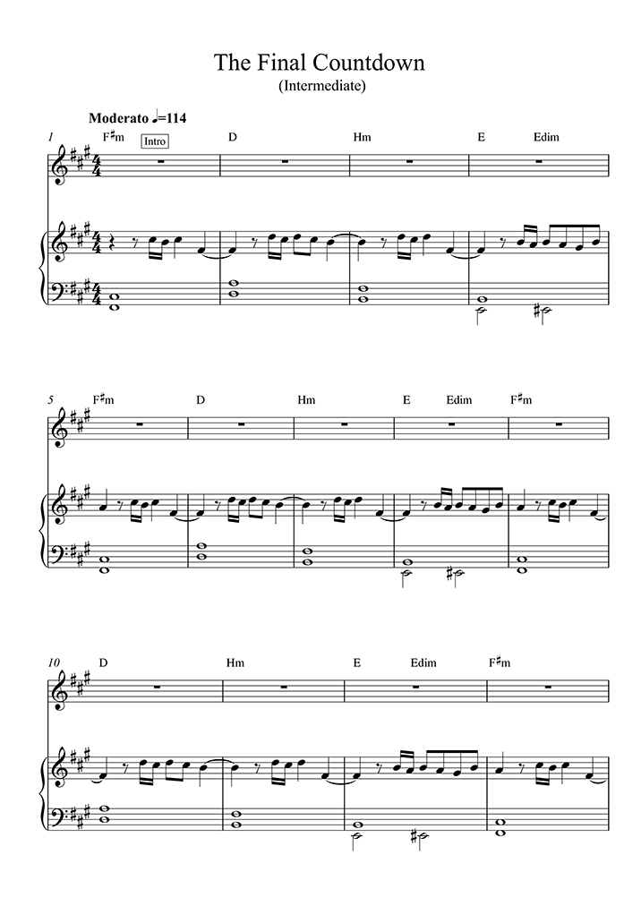 The Final Countdown (Intermediate Level) (Europe) Piano Sheet Music