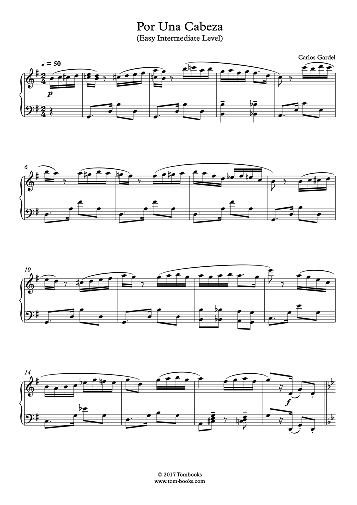 Piano Sheet Music Por una Cabeza (Easy/Intermediate Level, Solo Piano
