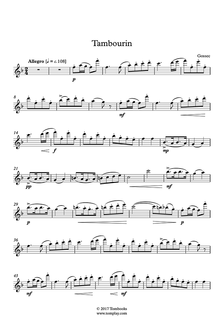 Tambourin (Gossec) Partitura Flauta travesera