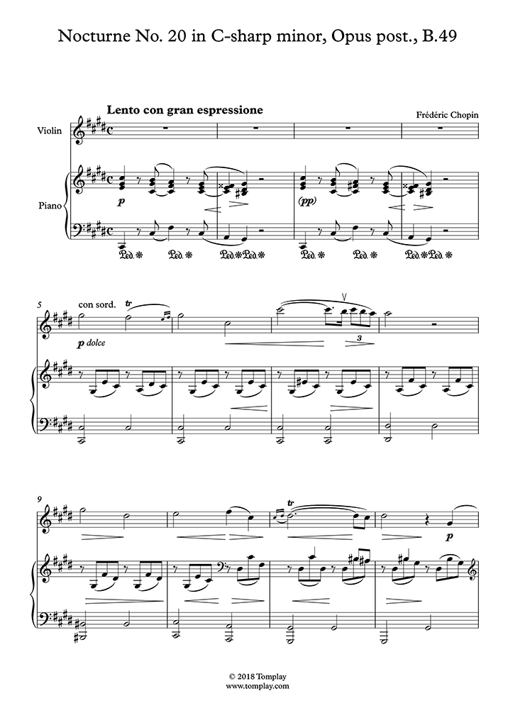 Violin Sheet Music Nocturne No. 20 in Csharp minor, Opus post., B.49
