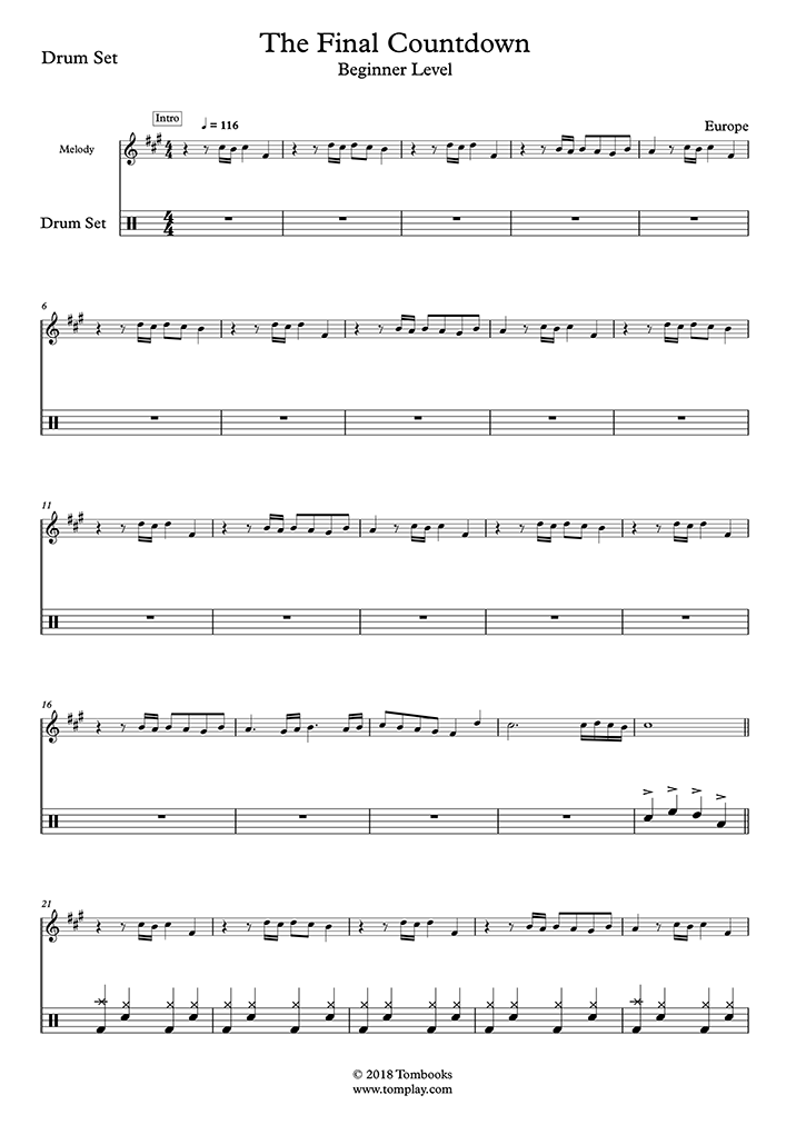 Drums Sheet Music The Final Countdown (Beginner Level) (Europe)
