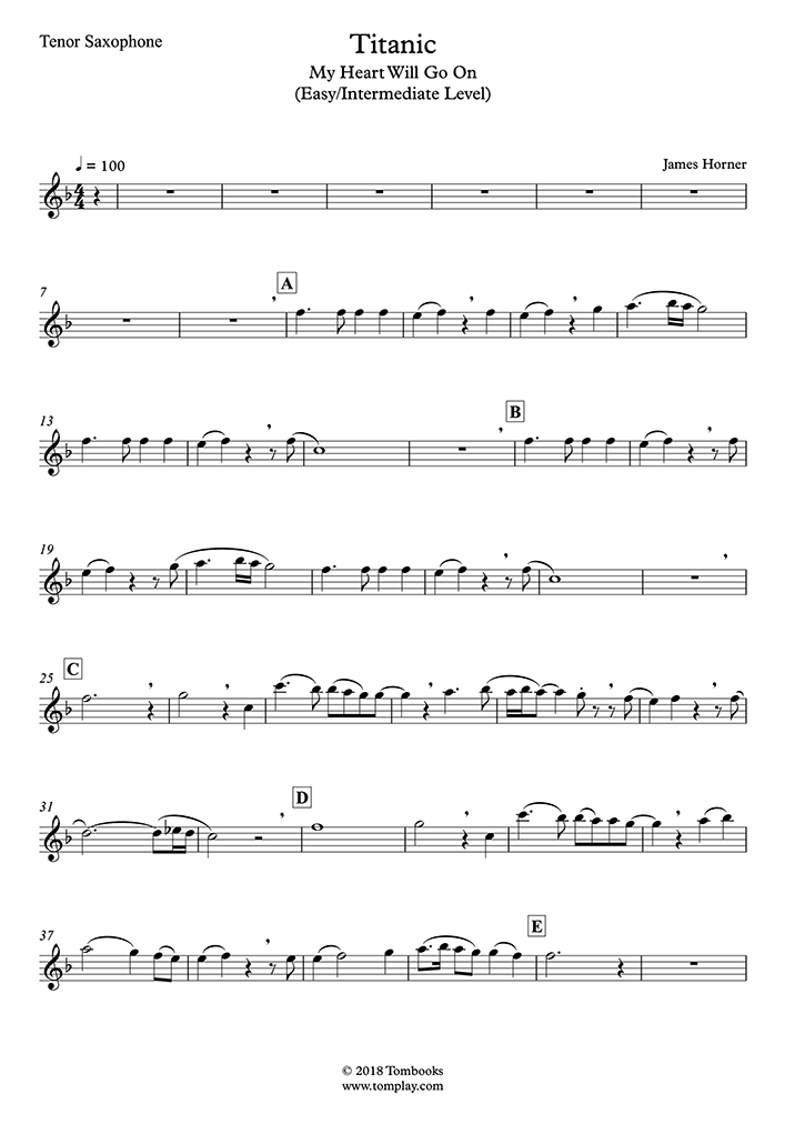 My Heart Will Go On (Easy/Intermediate Level, Tenor Sax) (셀린 디온) 색소폰 악보
