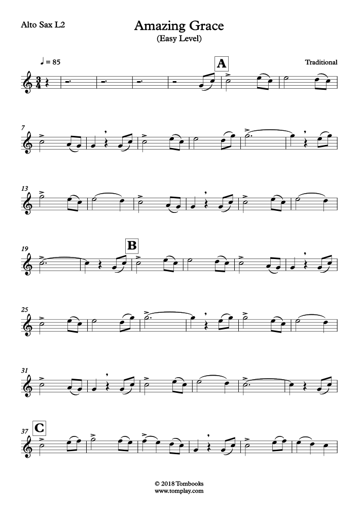 Amazing Grace (niveau facile, sax alto) (Traditionnel) Partition